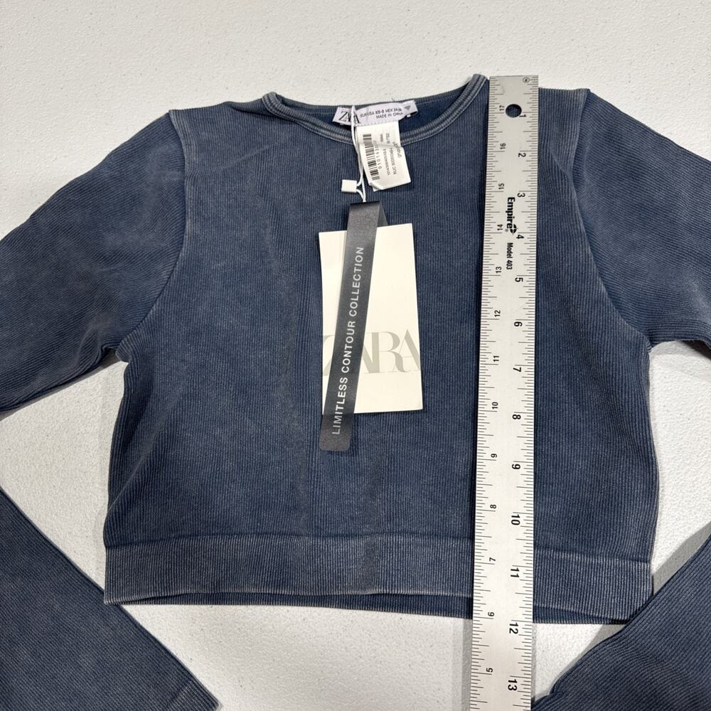 Zara Crop Top Crew Neck Pullover Stretch Long Sleeve Faded Blue Size XS Stylish - Picture 5 of 9